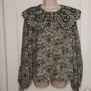 UNIVERSAL THREAD Peasant Blouse Top Womens XL Floral Print Embroidery Button Up
